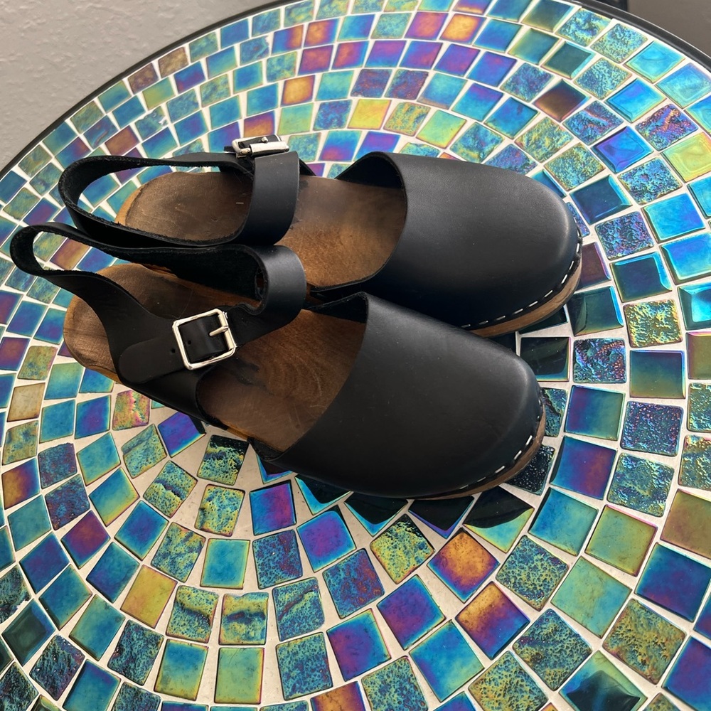 Swedish highwood high heeled clog sandals in black leather